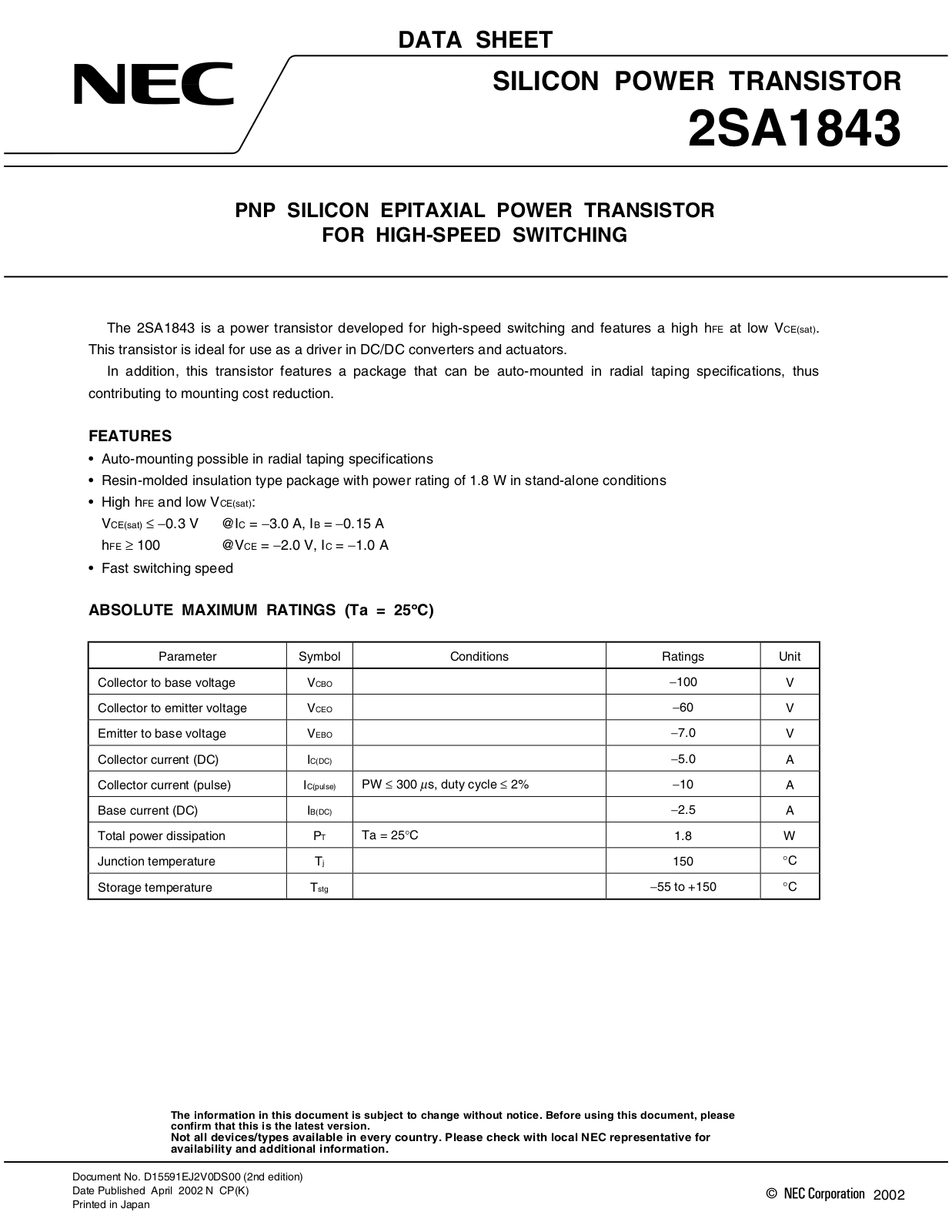 NEC 2sa1843 Datasets - ManualMachine.com