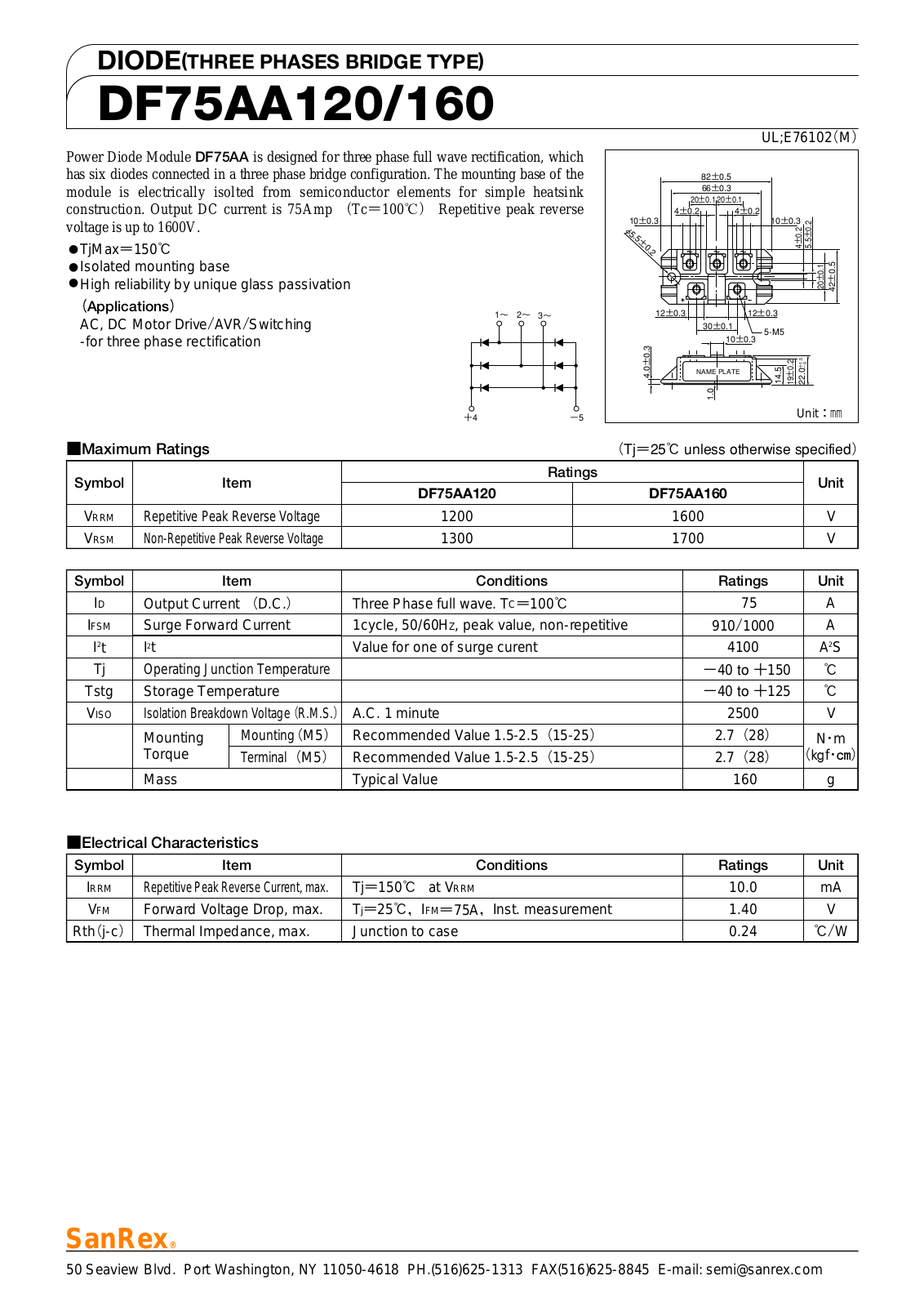 Sanrex-Sansha Electric Manufacturing DF75AA120, DF75AA160 Data Sheet