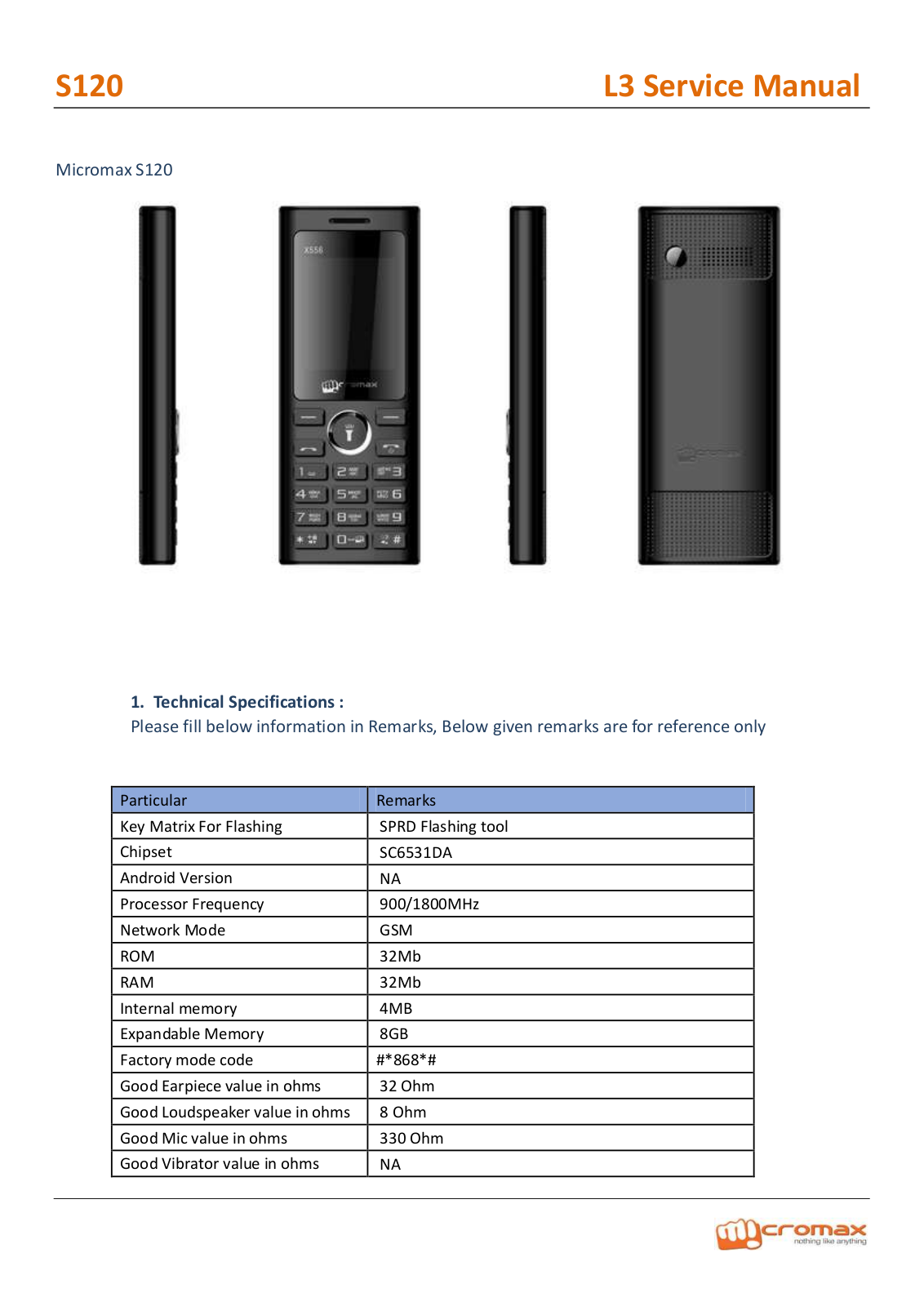 Micromax S120 Service Manual