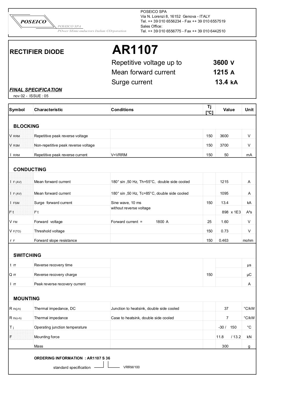 POSEICO AR1107S36 Datasheet