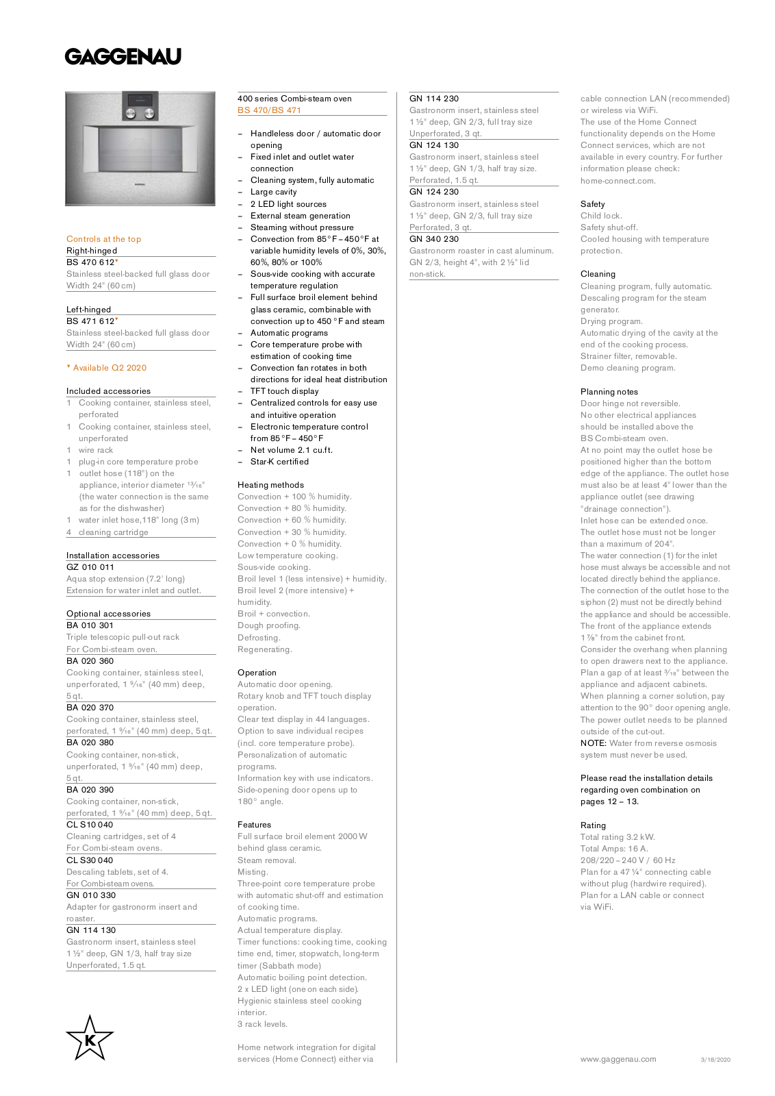 Gaggenau BS470612 Specs