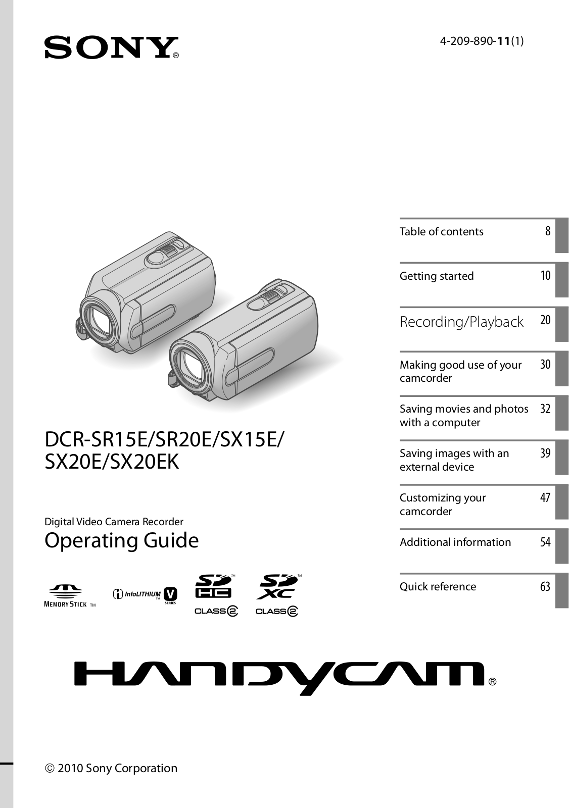 Sony SX20E, SX15E, SX20EK, SR20E User Manual