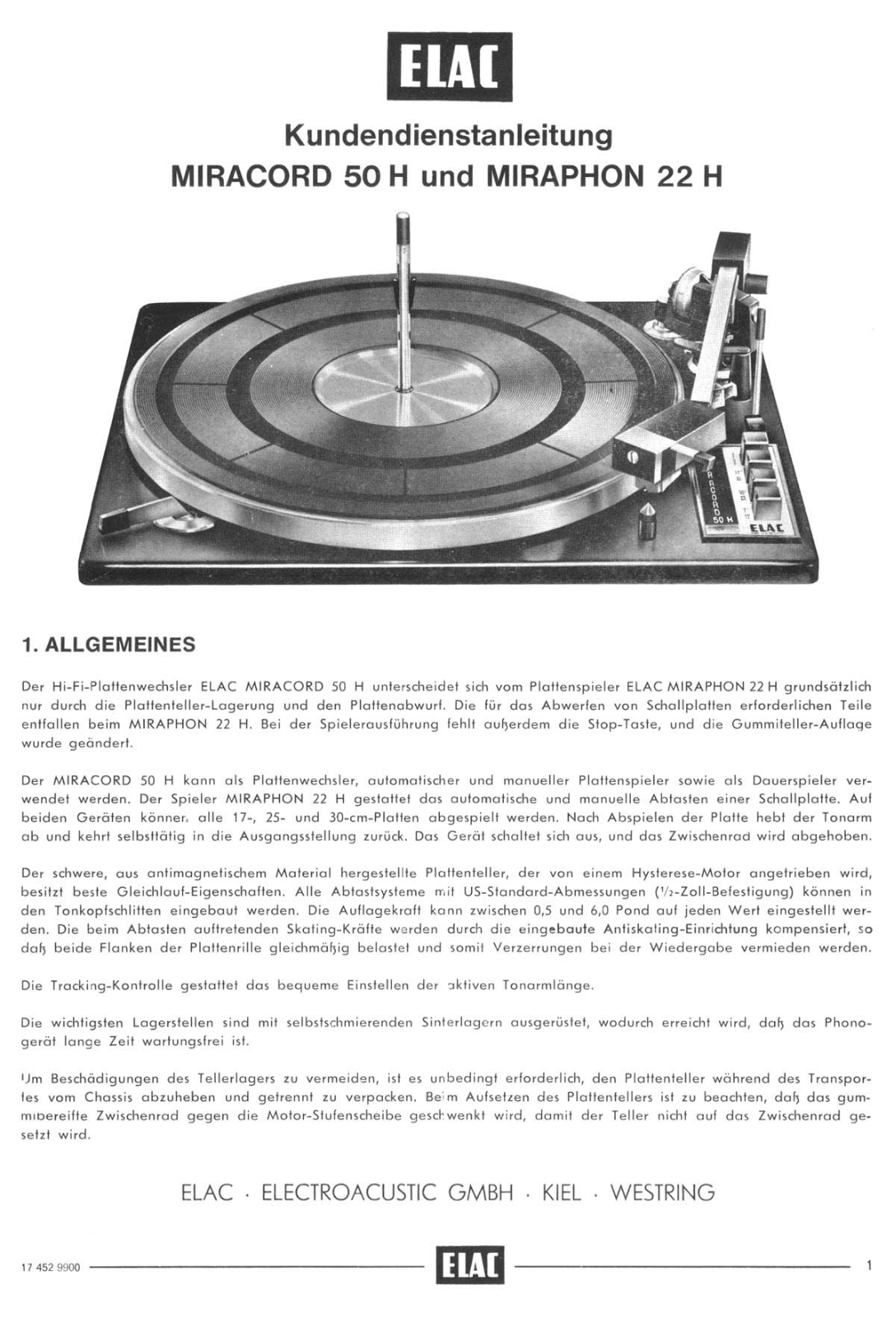 Elac Miracord 50-H, Miraphon 22-H Service manual