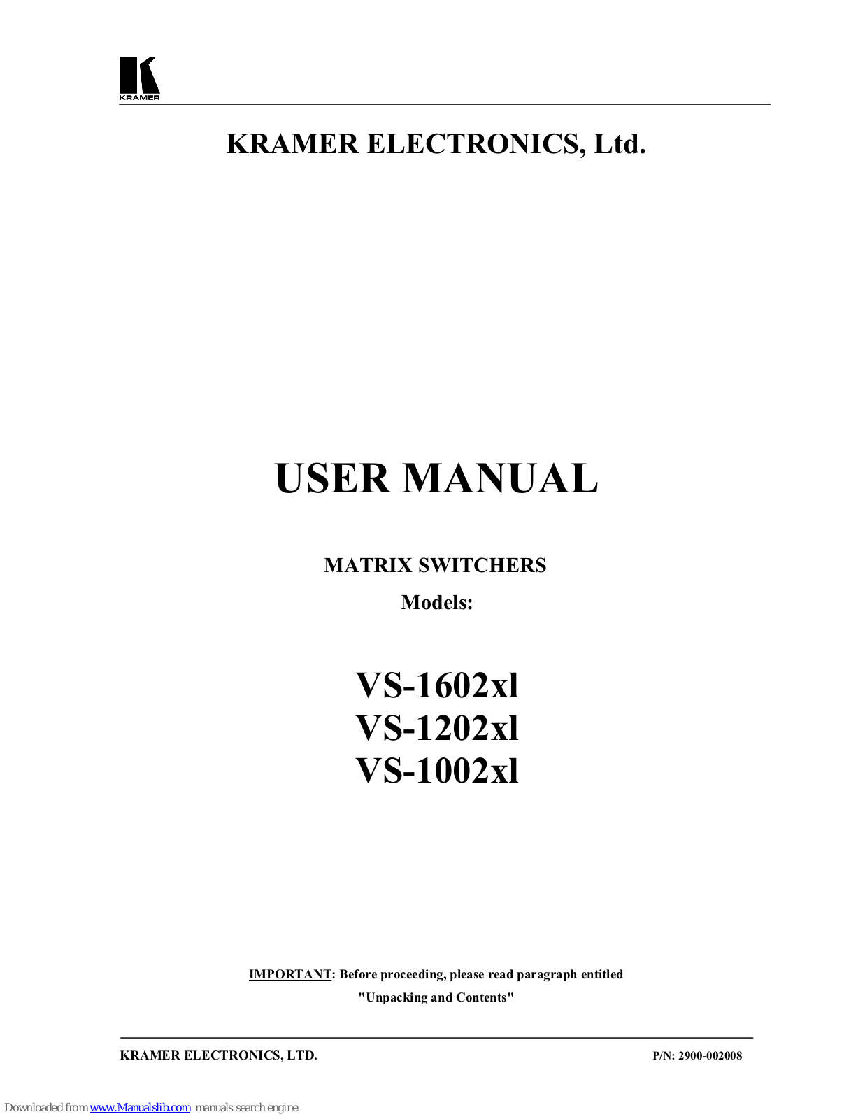 Kramer VS-1602xl, VS-1202xl, VS-1002xl User Manual