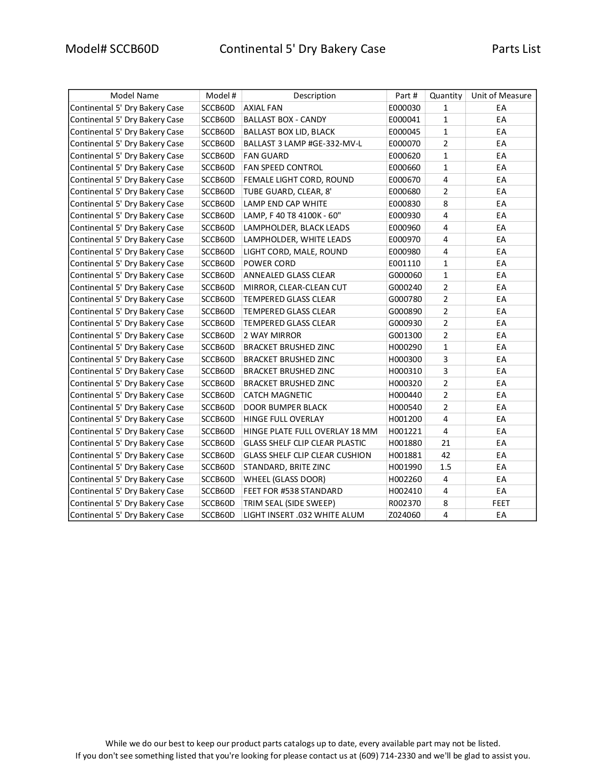 RPI Industries SCCB60D Parts List