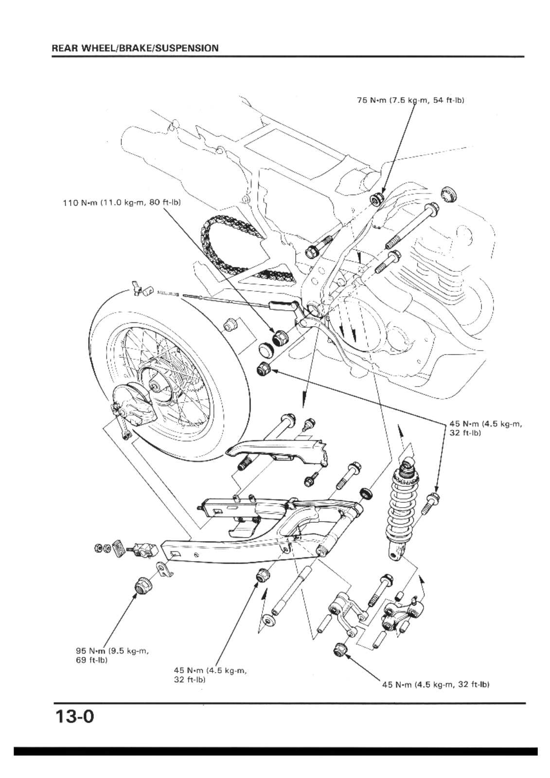 Honda 650 88-89, NX 650 88-89 Service Manual M Section 13 Rear wheel brake suspension