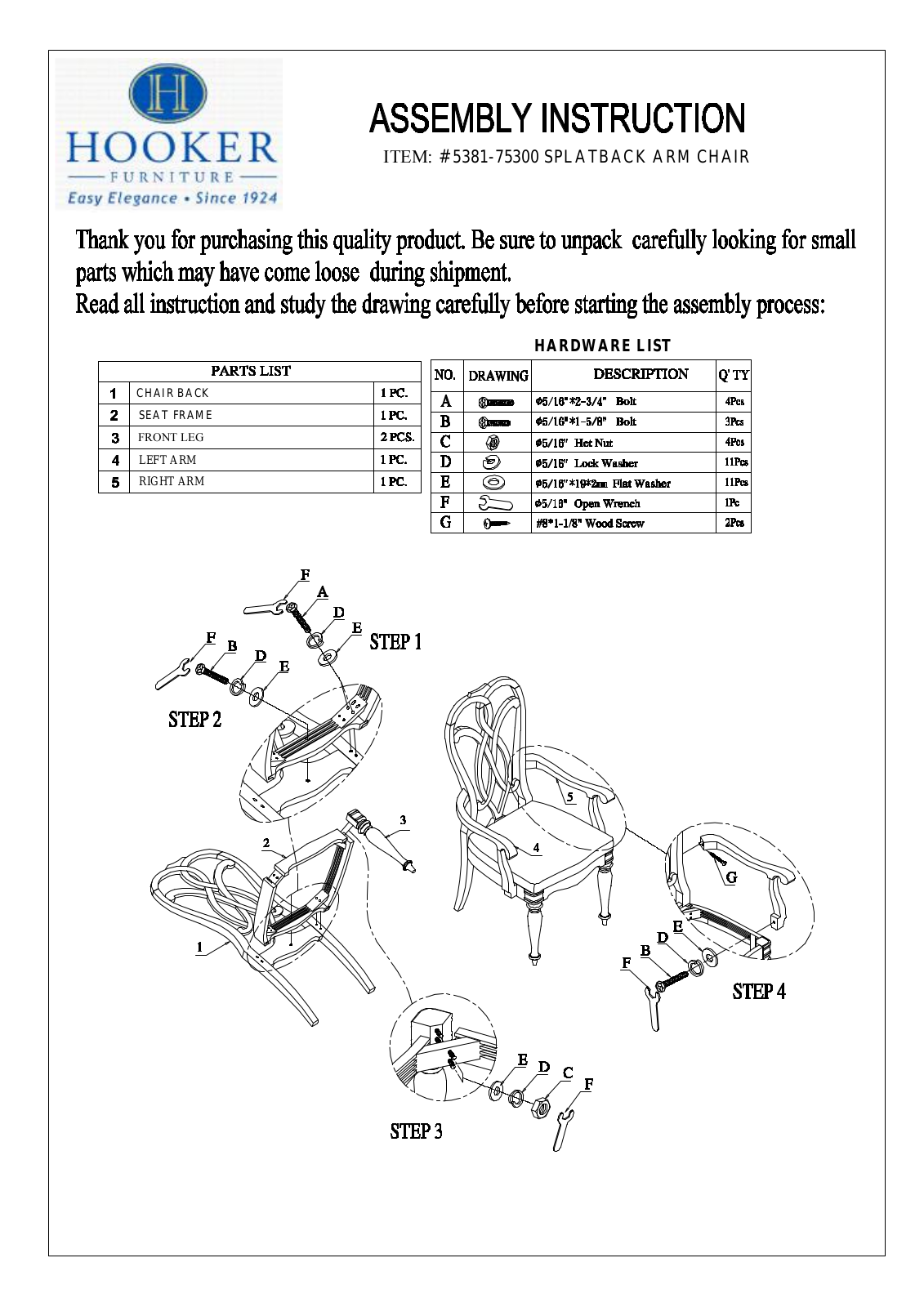 Hooker Furniture 538175300 Assembly Guide