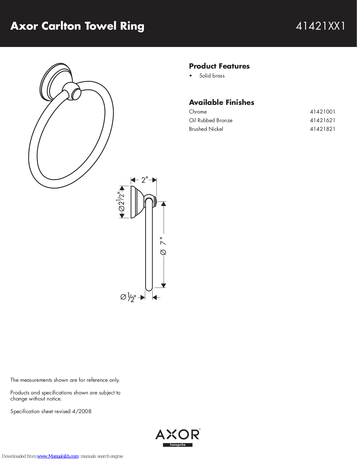 Axor 41421001, 41421621, 41421821 Specification Sheet