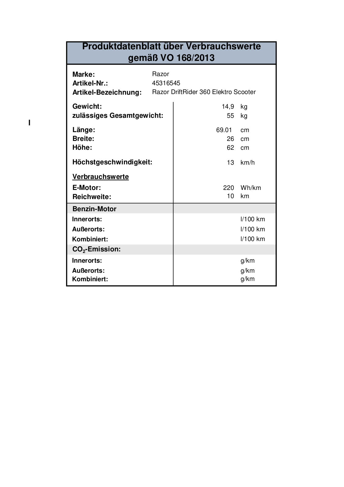 Razor PowerRider 360 Technical data