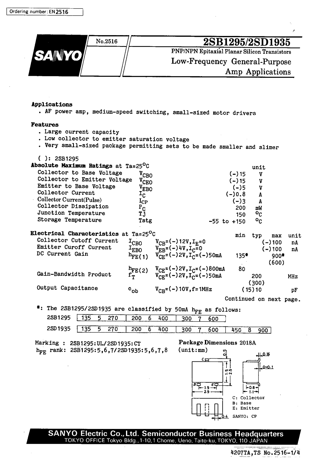 SANYO 2SD1935, 2SB1295 Datasheet