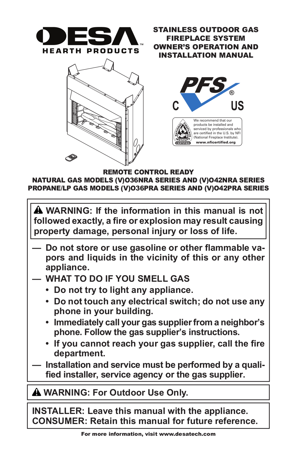 Desa Tech O36NRA, O36NRHA, O36NRRA, O36NRRHA, O36PRA Owner's Manual