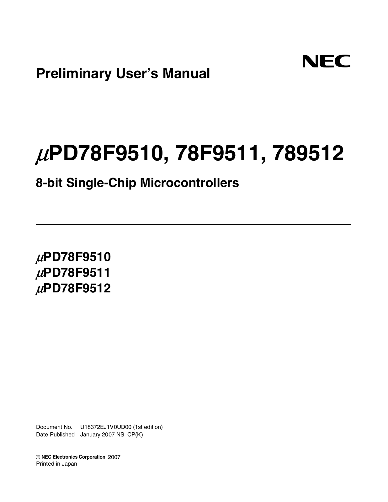 NEC PD78F9510, PD78F9511, PD789512 User Manual