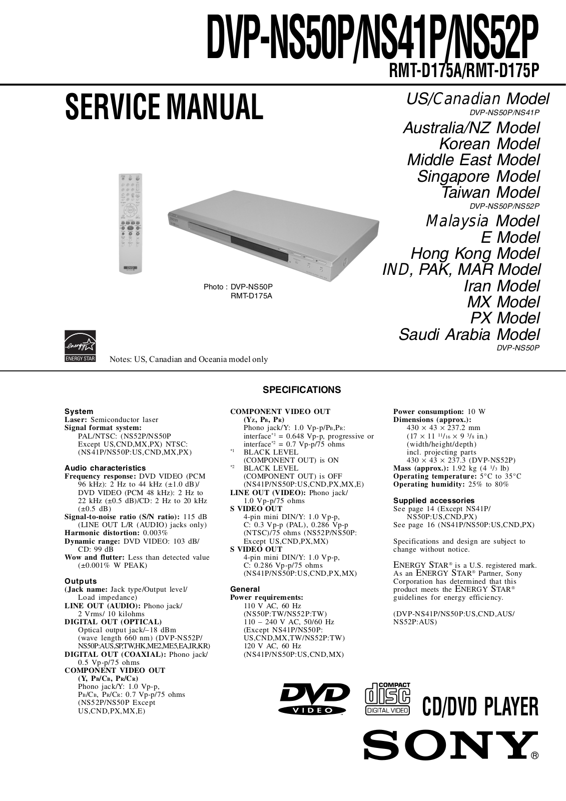 Sony DVP NS50, DVP NS41, DVP NS52 Schematic