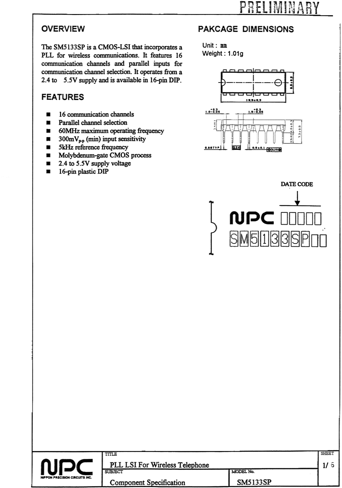 NPC SM5133SP Datasheet