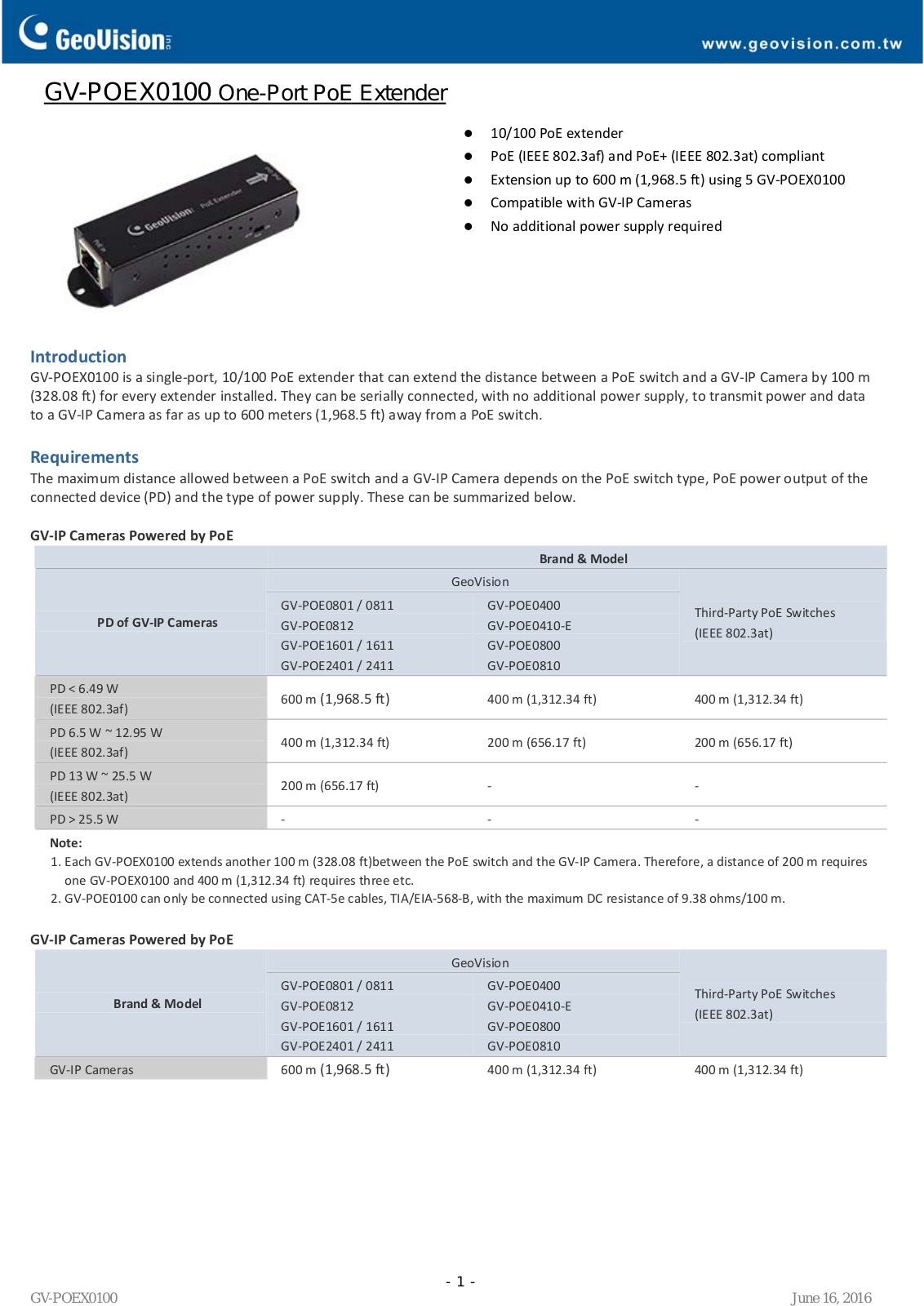 Geovision GV-POEX0100 Specsheet