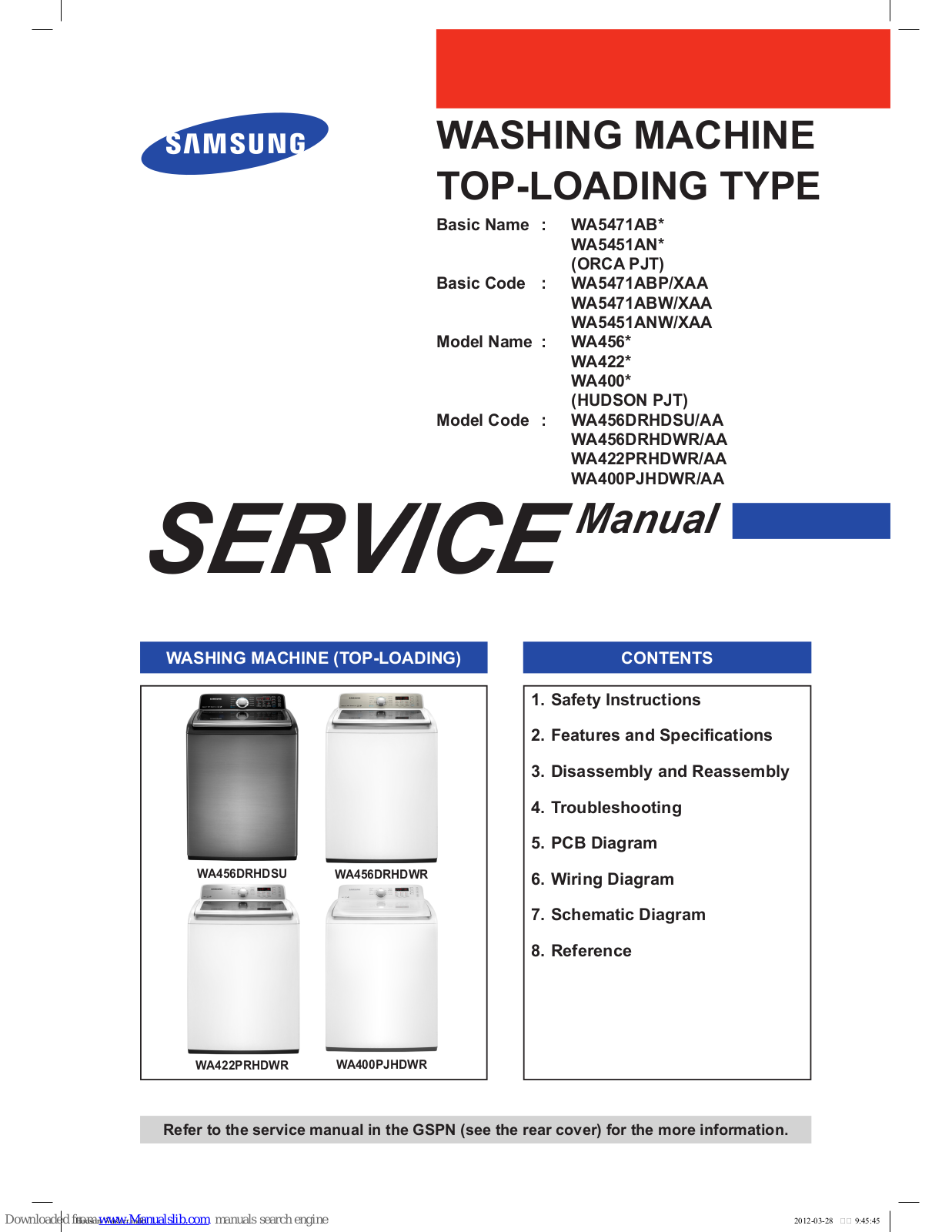 Samsung WA5451ANW/XAA, WA400 Series, WA456 Series, WA422 Series, WA456DRHDSU/AA Service Manual