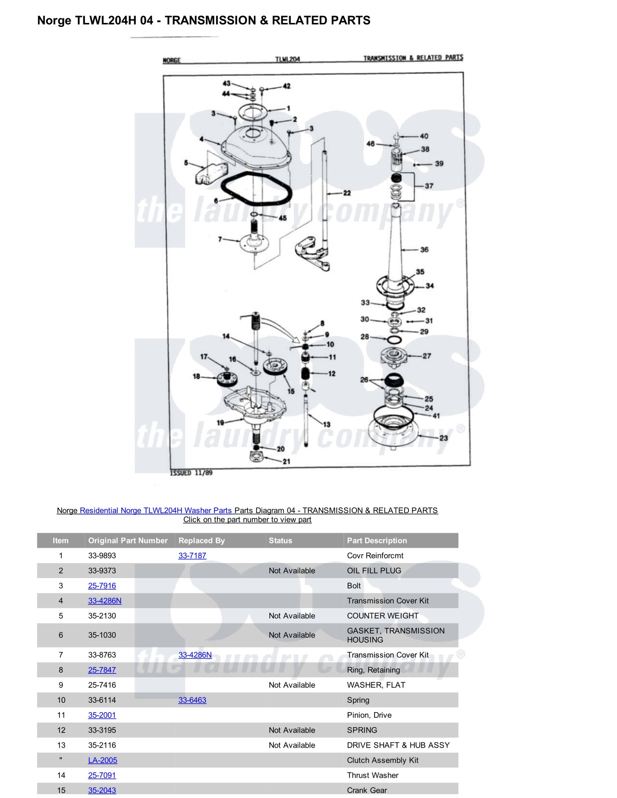 Norge TLWL204H Parts Diagram