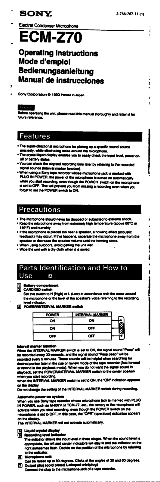 Sony ECM-Z70 Operating manual