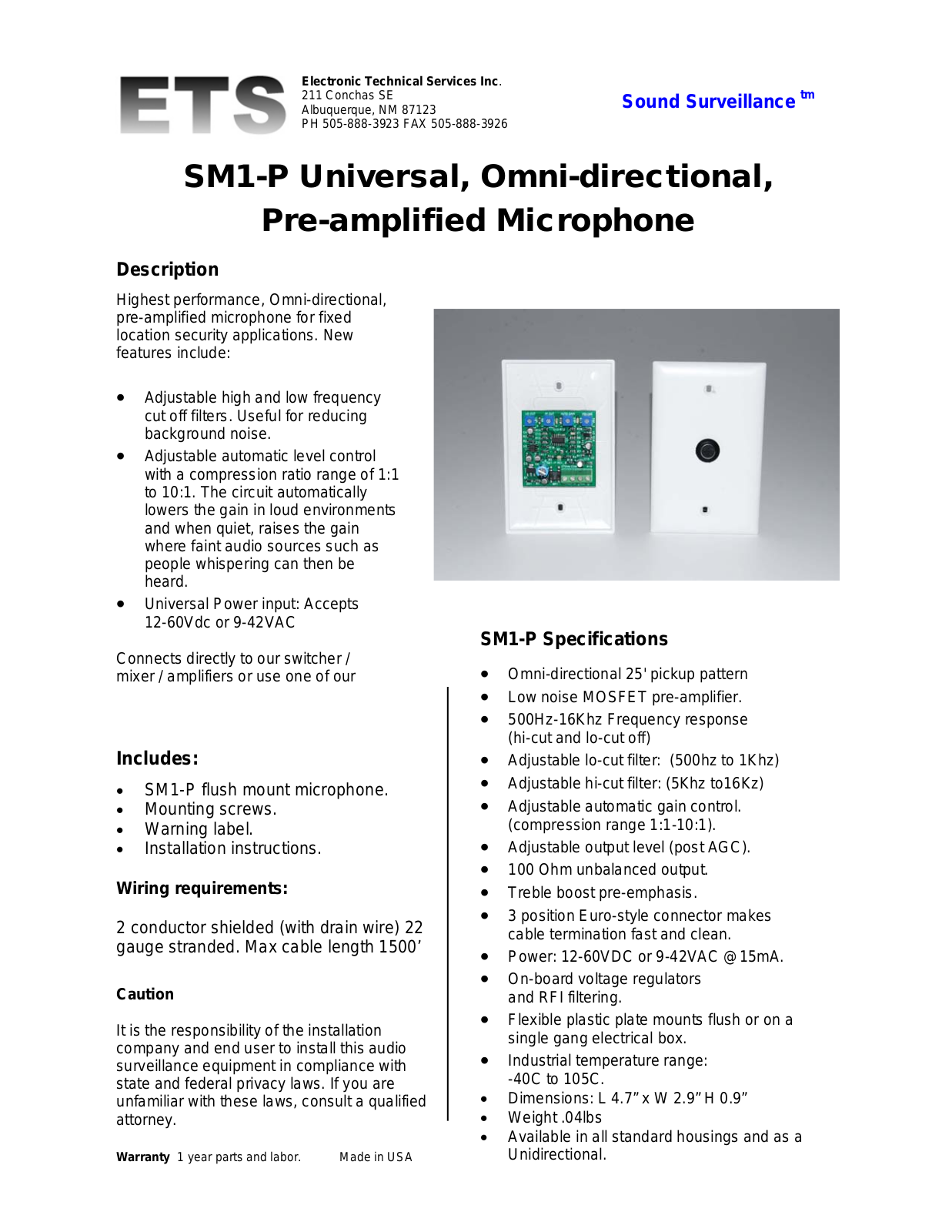 ETS SM1-PA, SM1-PAP Specsheet