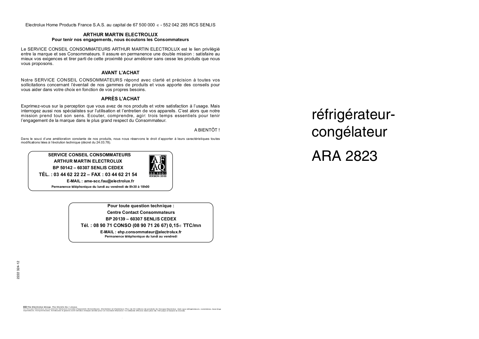 ARTHUR MARTIN ARA2823 User Manual