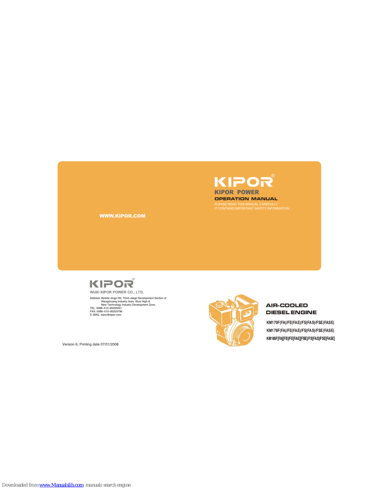 Kipor KM170FA, KM170FAE, KM170FE, KM170FS, KM170FAS Operation Manual