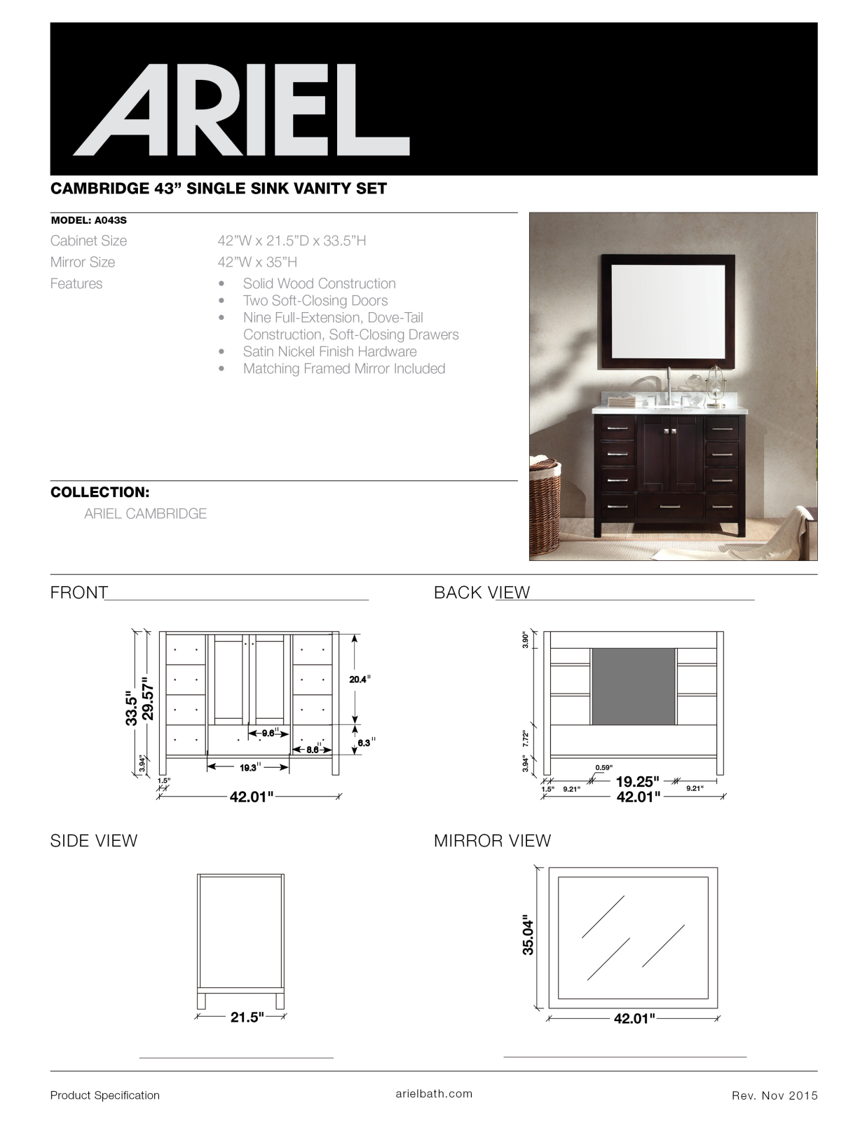 Ariel A043SVOWHT, A043SVOESP, A043SVOGRY Specifications - ManualMachine.com