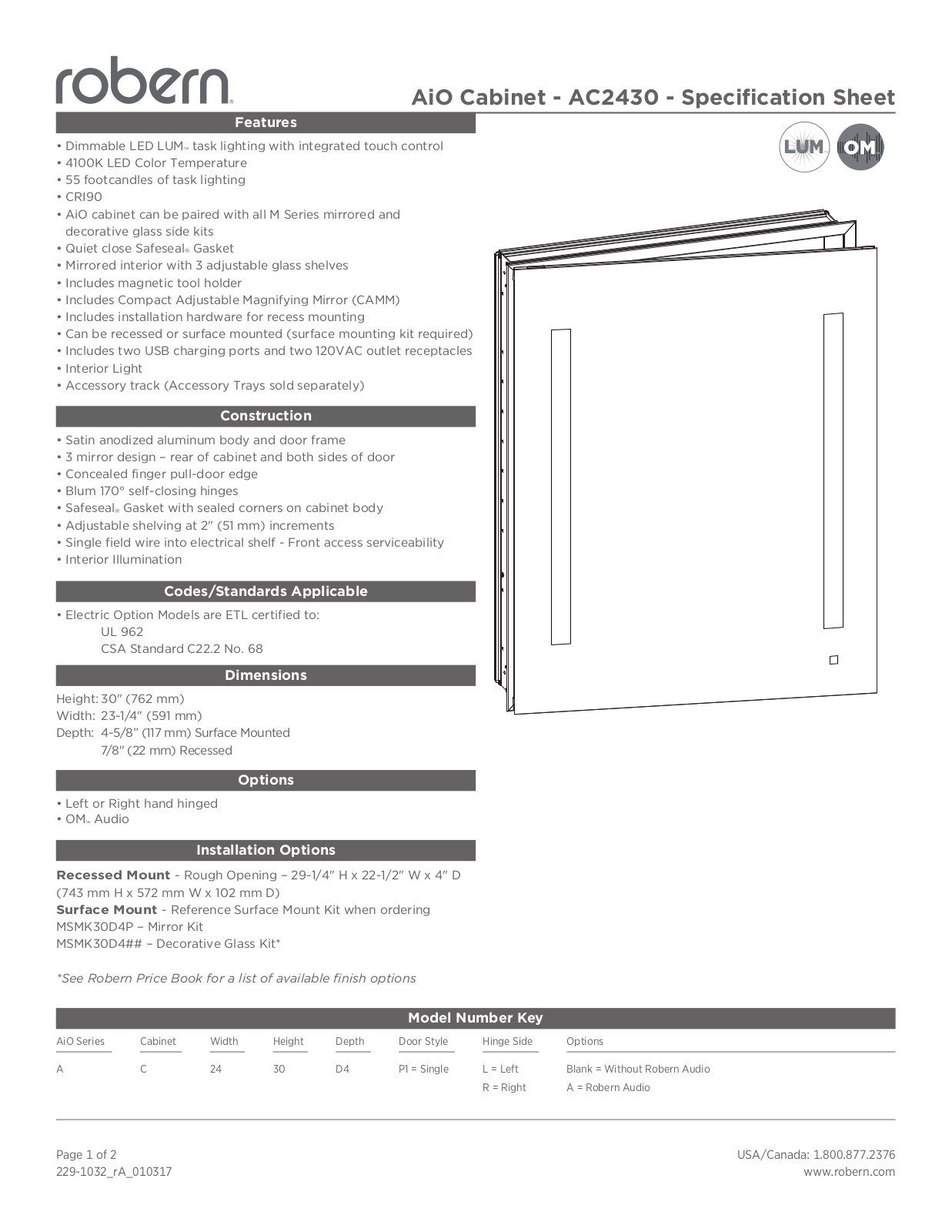 Robern AC2430D4P1L Specifications