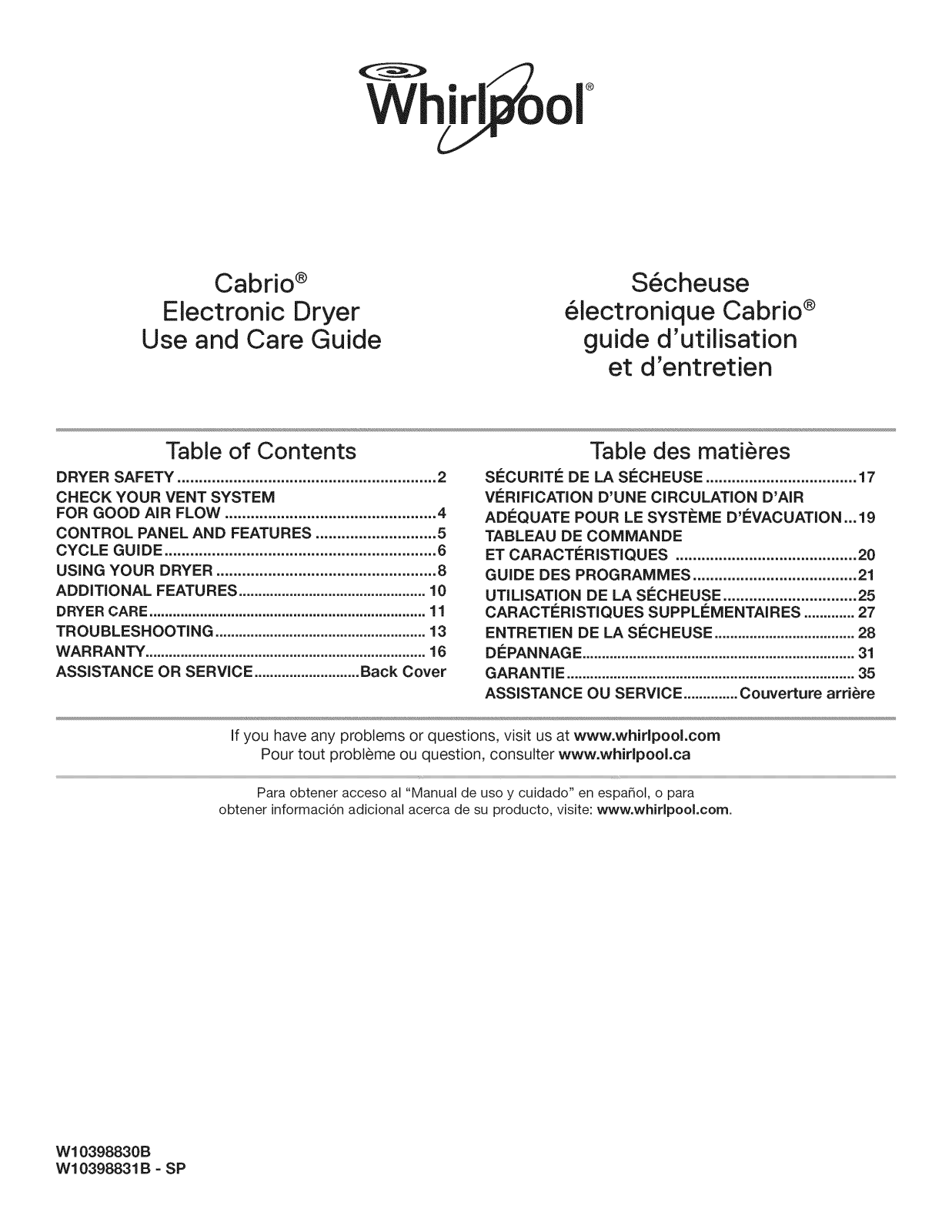 Whirlpool WED8200YW0, WED8800YC2, WGD8800YW3, WGD8800YW2, WGD8800YW1 Owner’s Manual