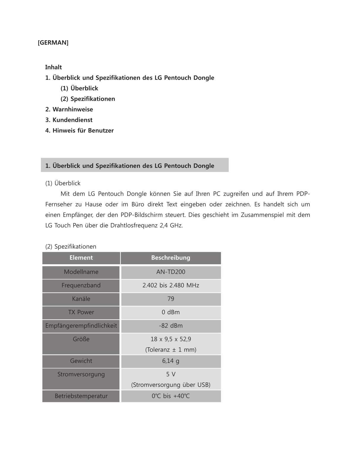 Lg AN-TD200 User Manual