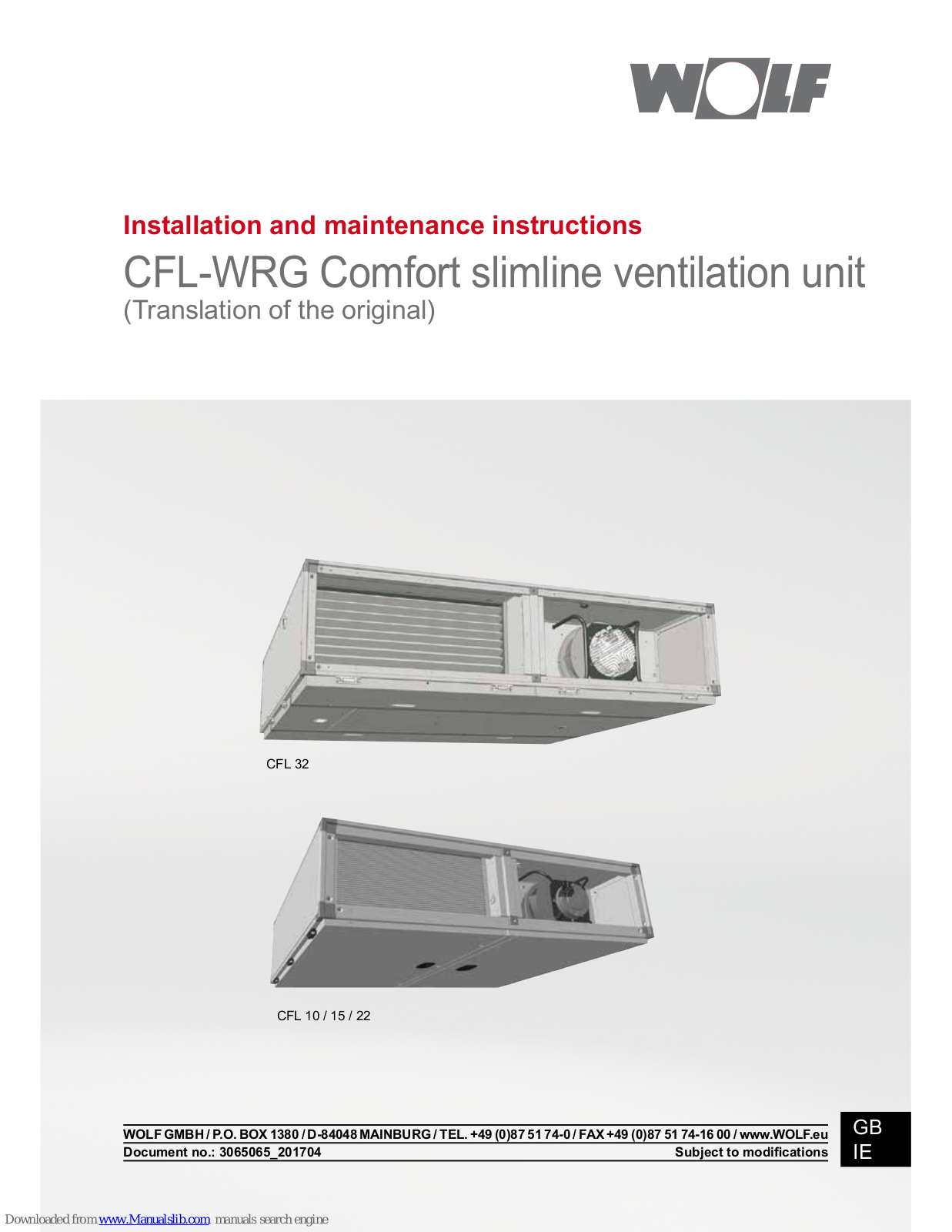 Wolf CFL-WRG Installation And Maintenance Instructions Manual