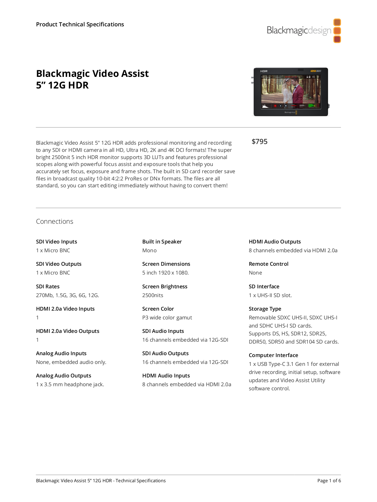 Blackmagic Design Video Assist 5 Specifications