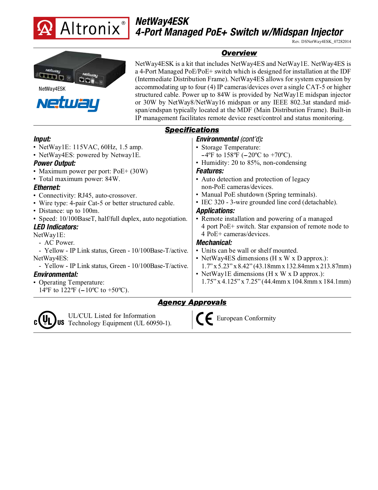 Altronix NetWay4ESK Specsheet