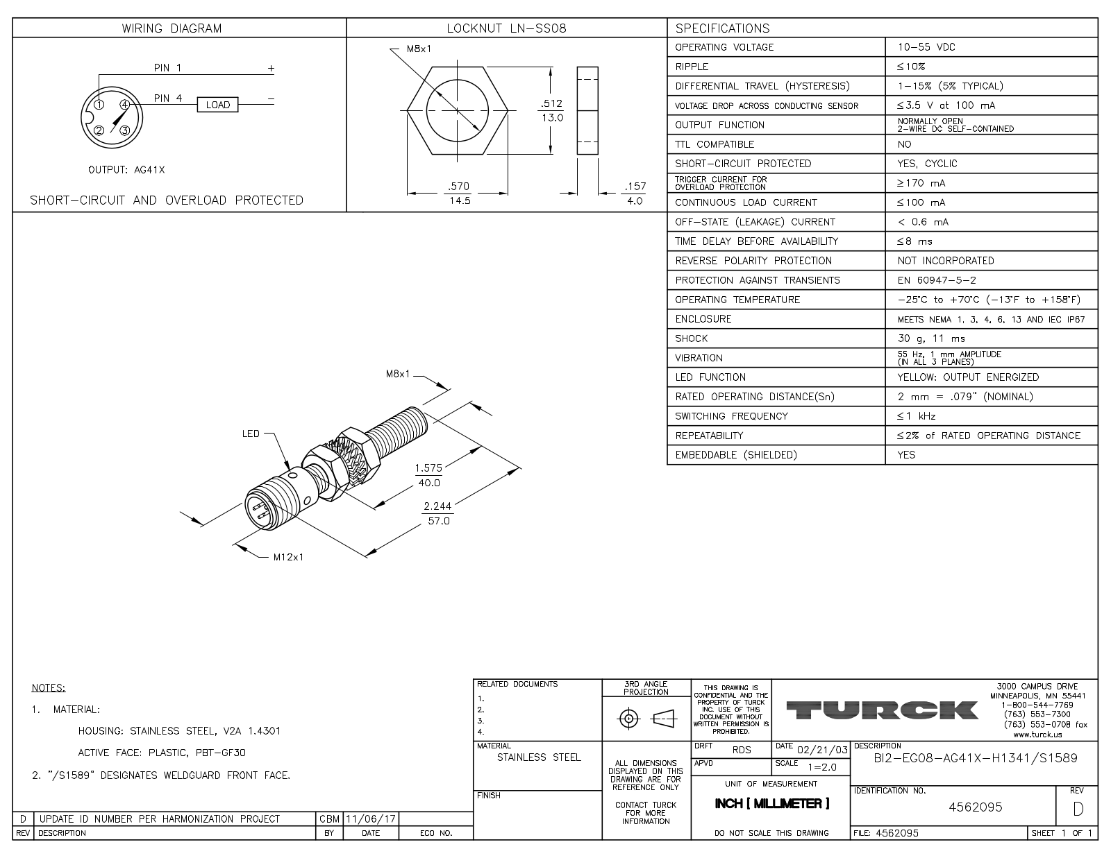 Turck BI2-EG08-AG41X-H1341S1589 Data Sheet