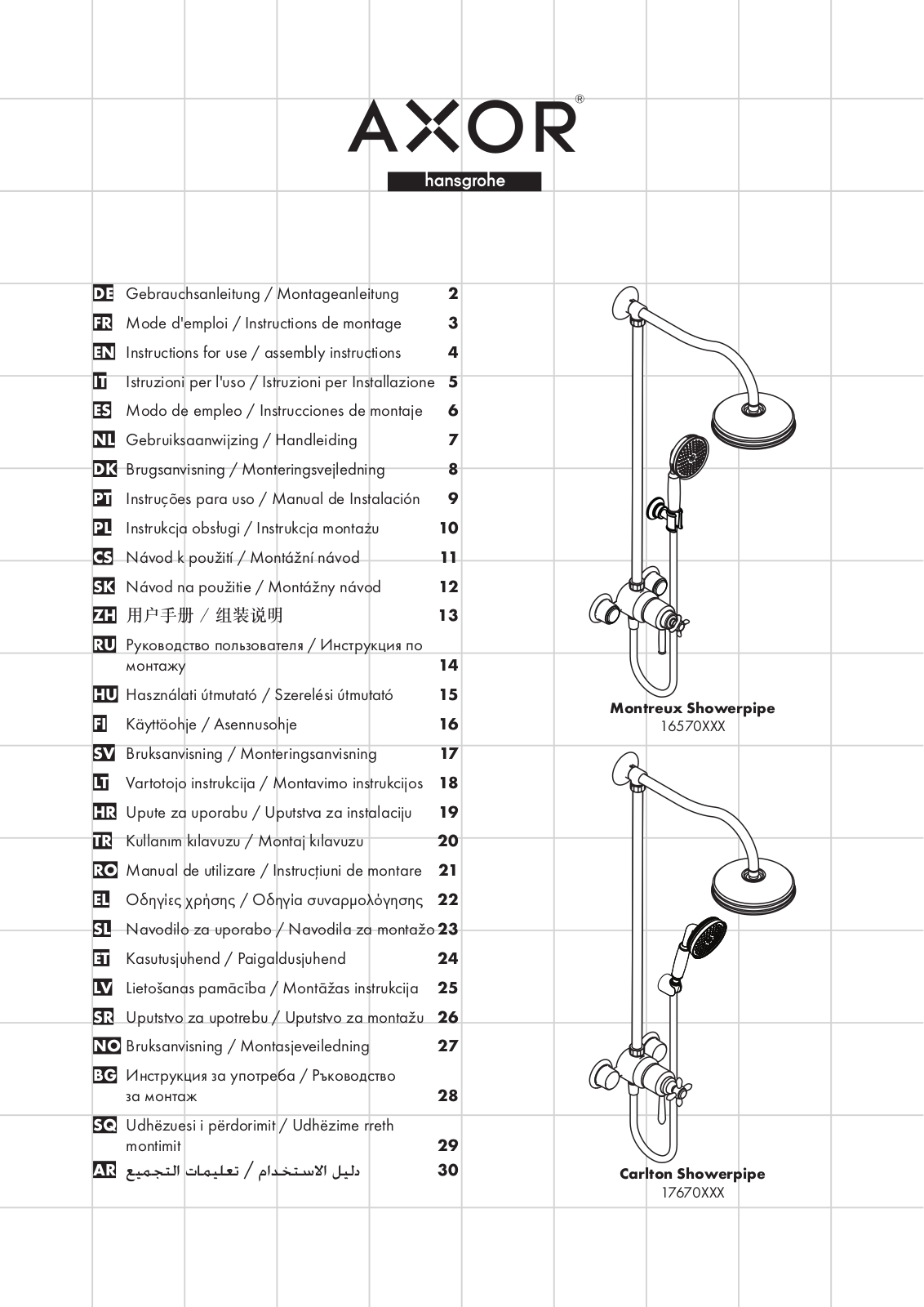 Hansgrohe Montreux Showerpipe, 16570000, 17670000, 16570090, 16570820 Instructions For Use/assembly Instructions