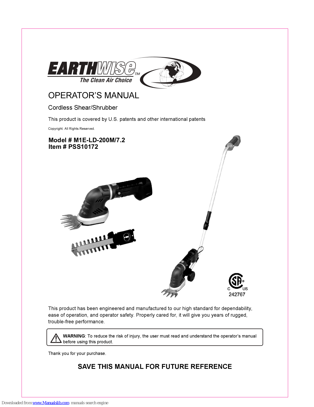 EarthWise M1E-LD-200M/7.2 Operator's Manual