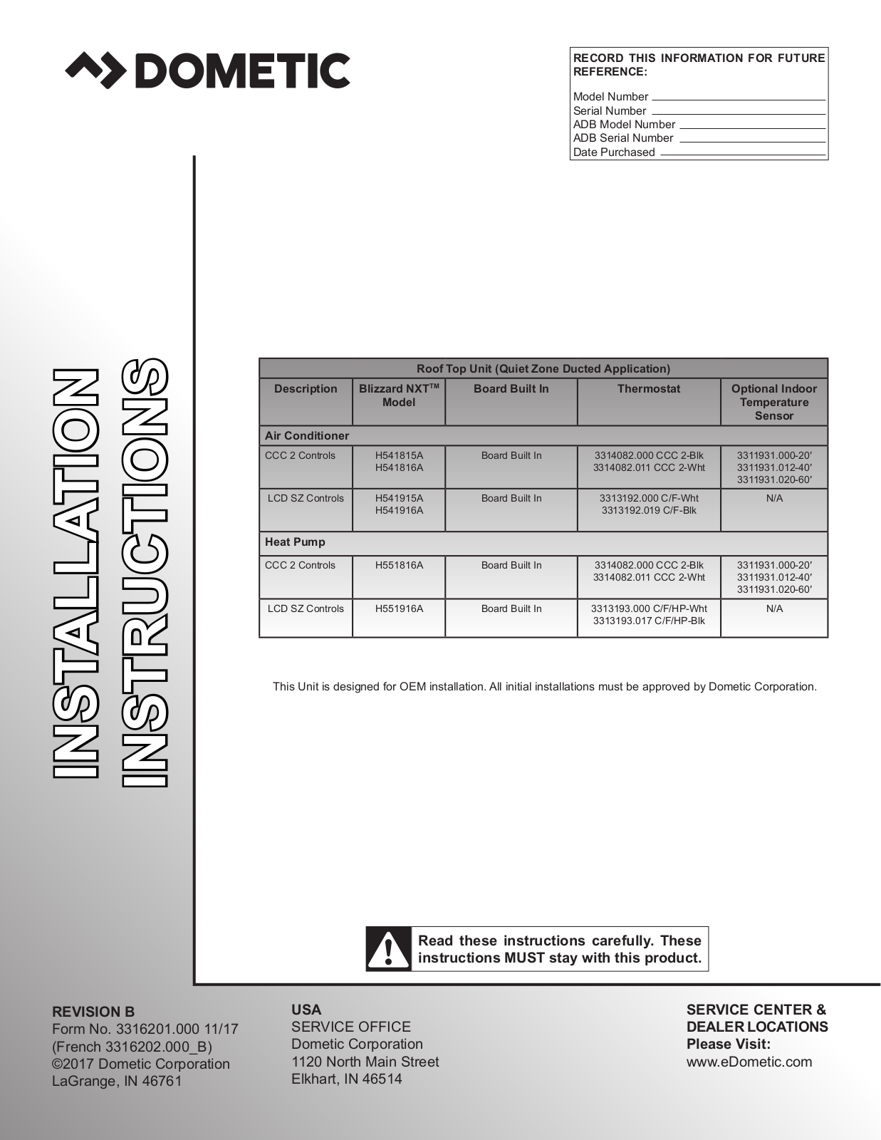 Dometic H541915A, H541816A, H551816A, H541916A, H551916A Installation Instructions Manual