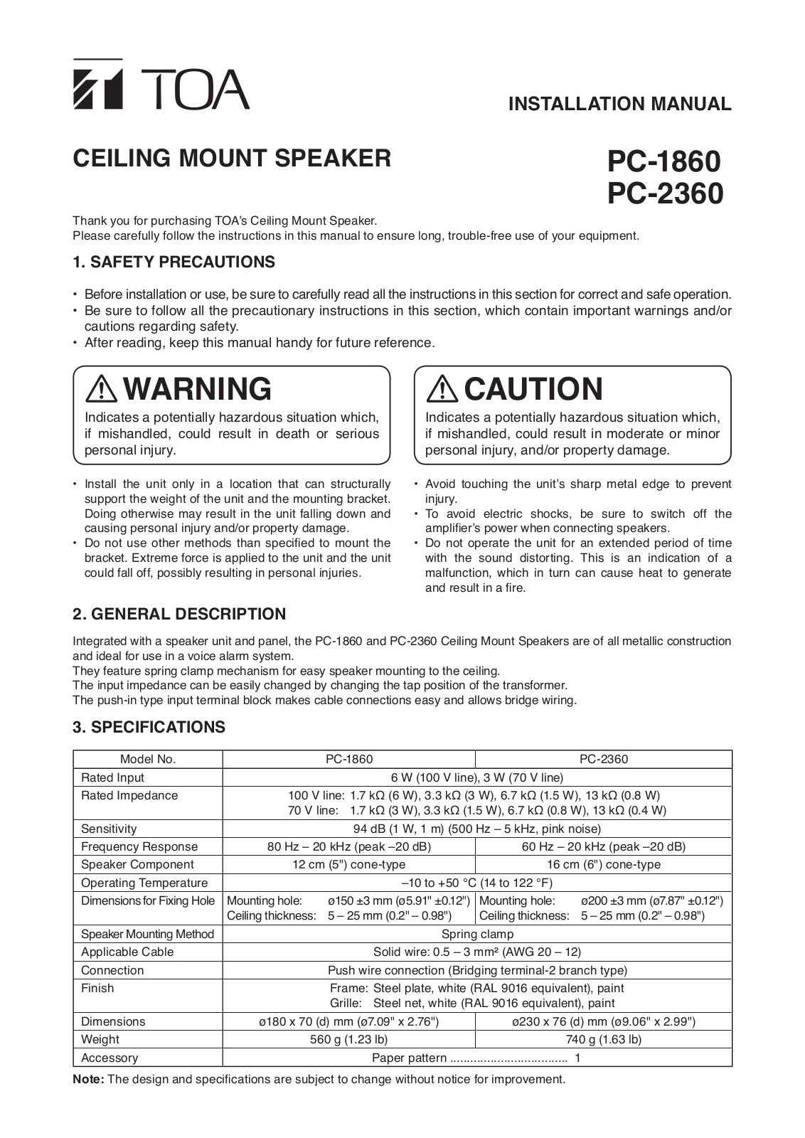 Toa PC-1860, PC-2360 Installation Manual