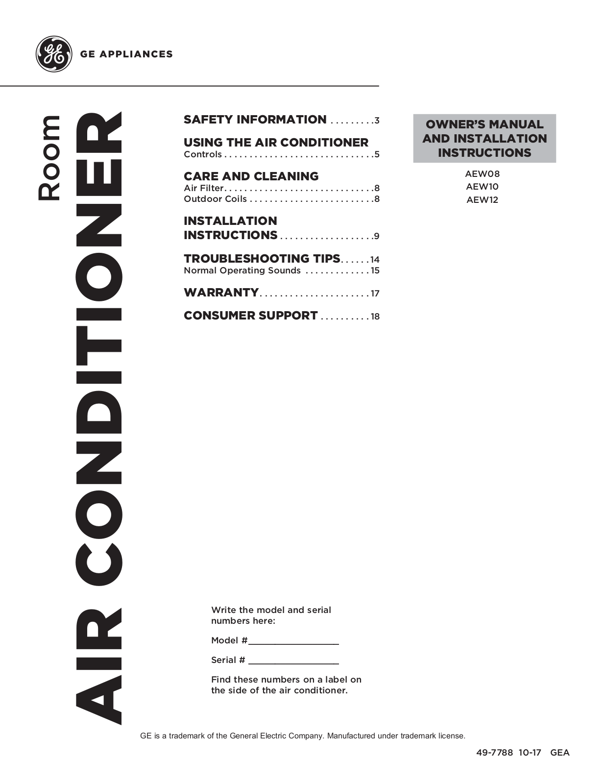 GE AEW08 Owner’s Manual & Installation Instructions