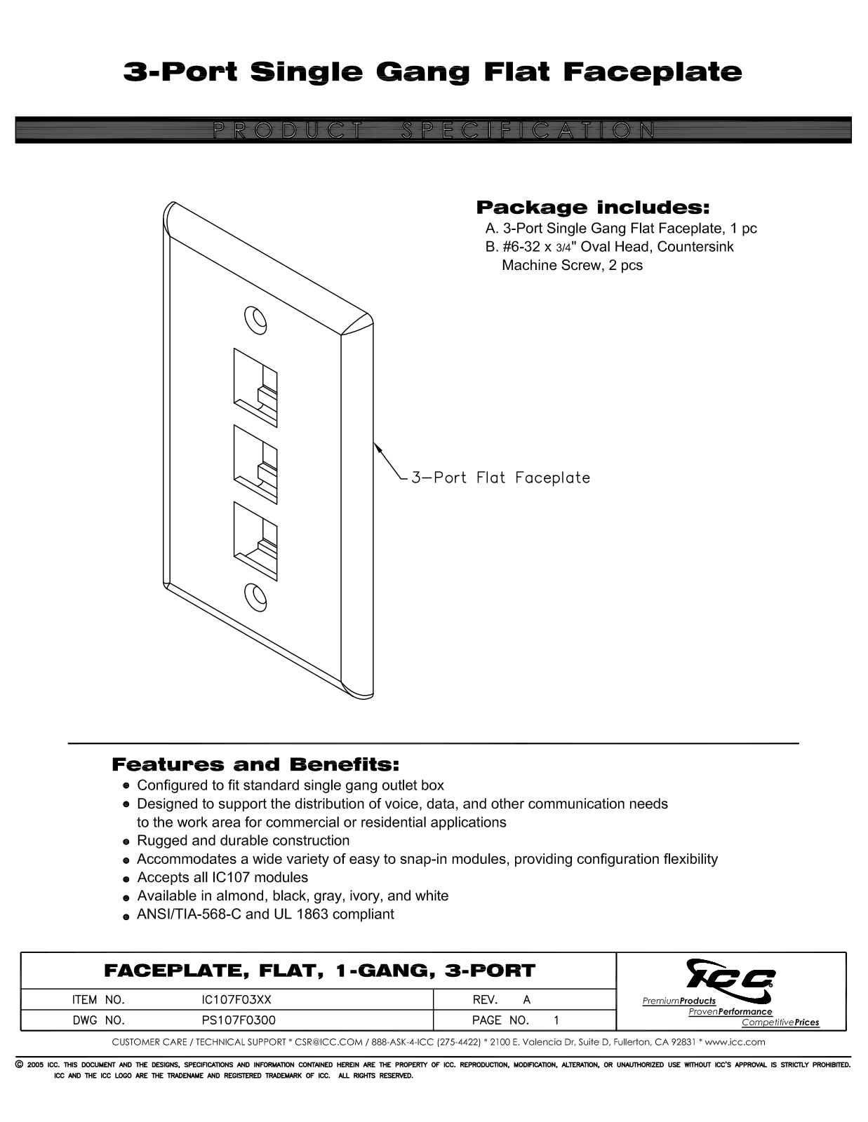 ICC IC107F03AL, IC107F03BK, IC107F03GY, IC107F03IV, IC107F03WH Specsheet