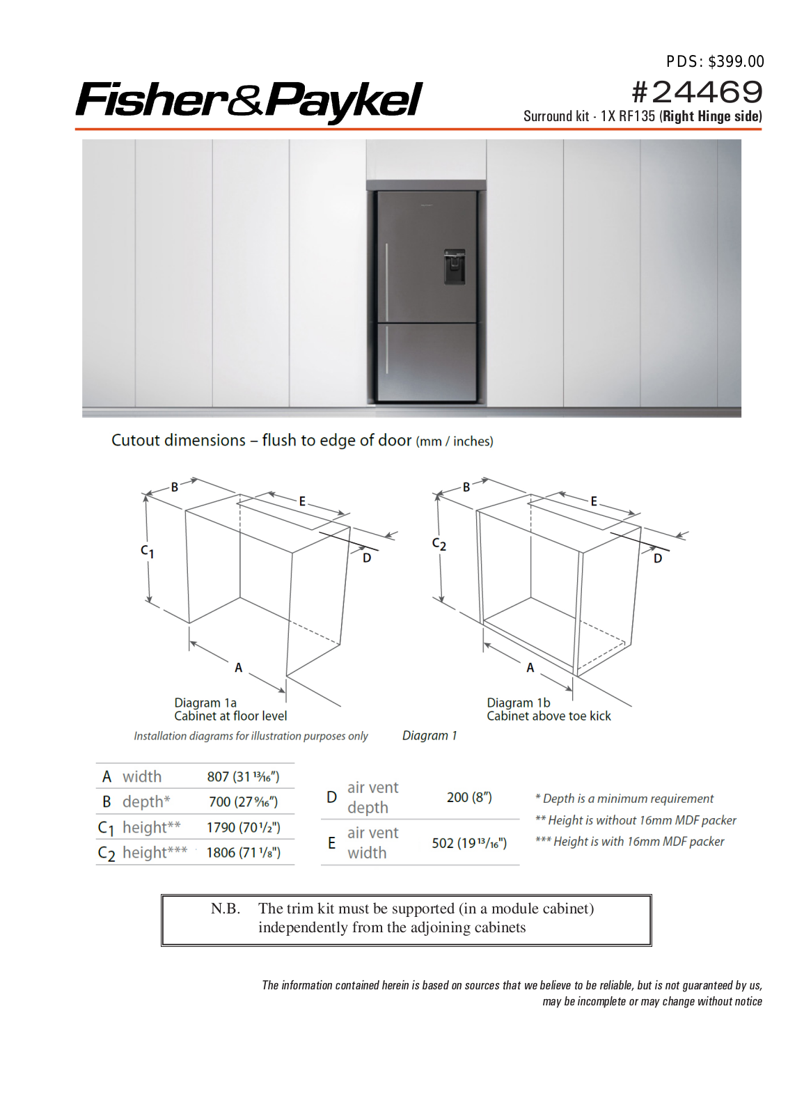 Fisher & Paykel 24469 Specifications Sheet