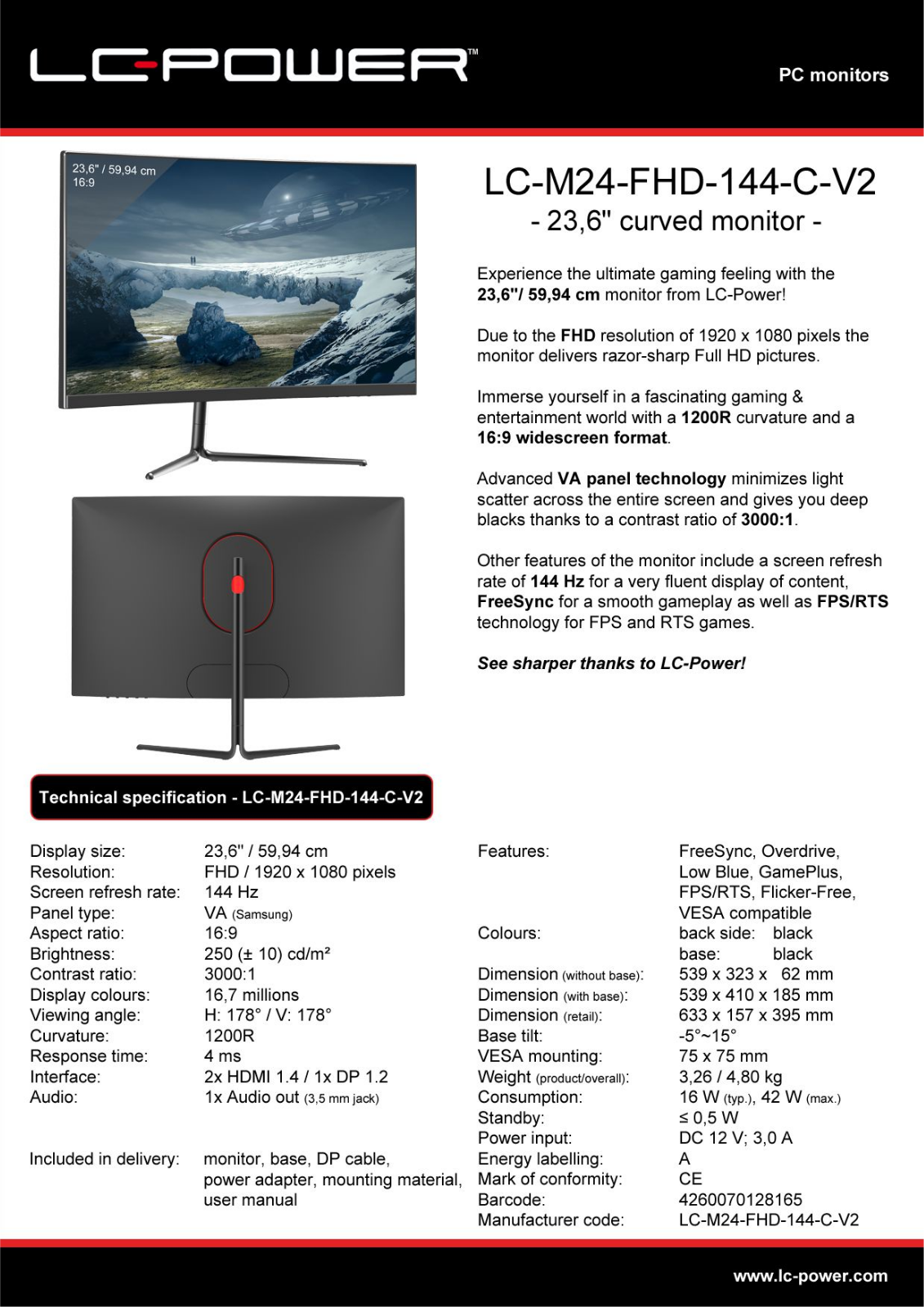 LC-Power LC-M24-FHD-144-C-V2 Technical data