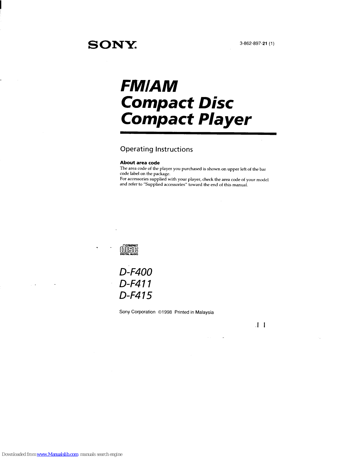 Sony D-F411 Operating Instructions (primary manual), D-F415, D-F400 Operating Instructions Manual