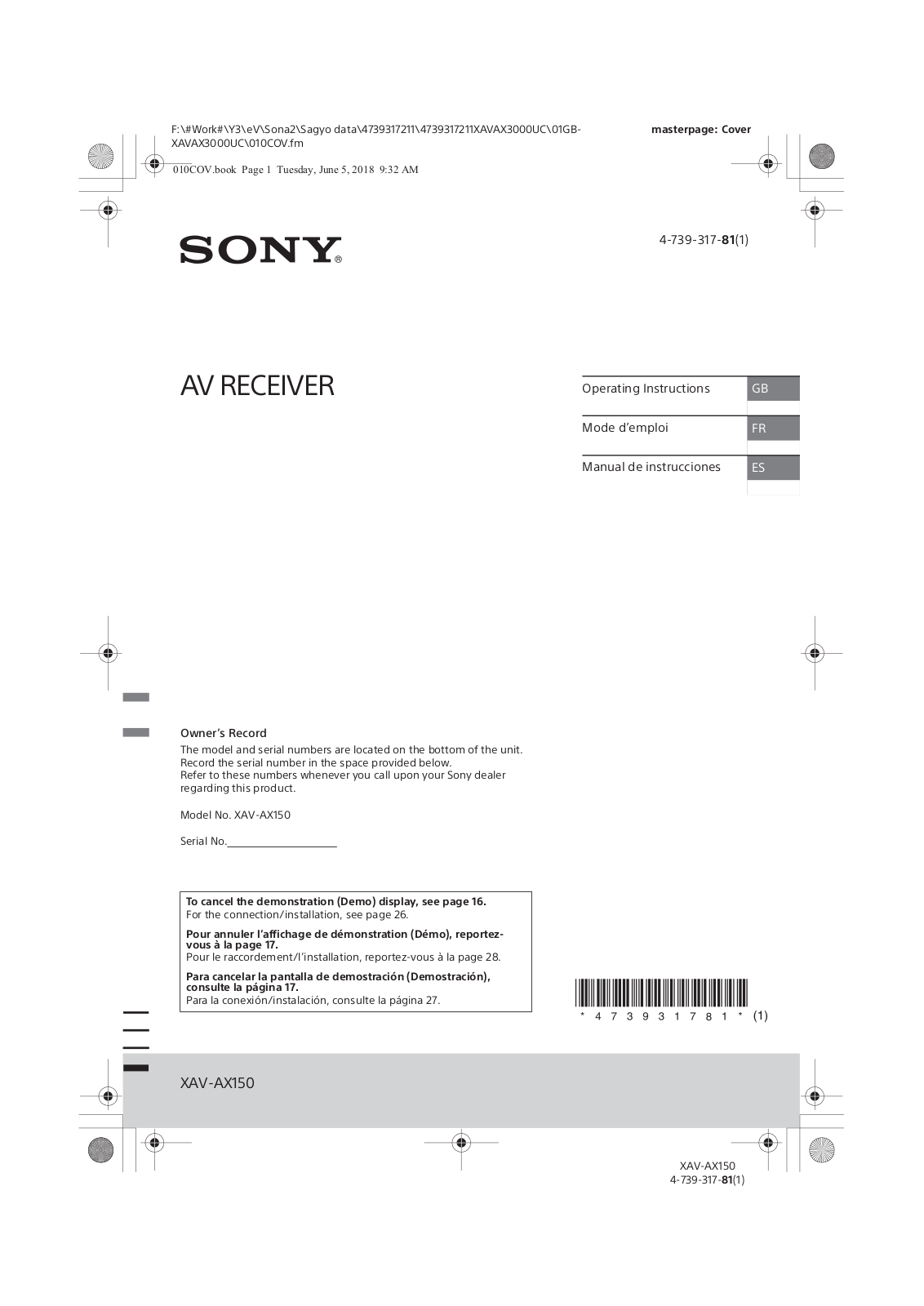 Sony XAVAX150 User Manual