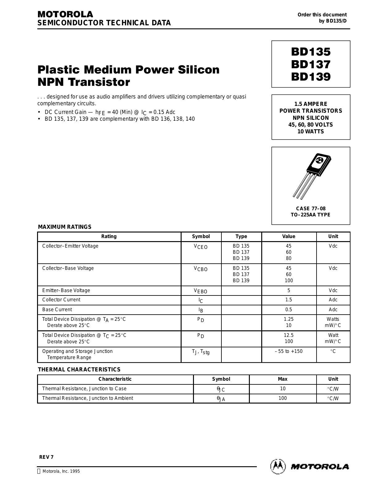 Motorola BD139, BD135, BD137 Datasheet