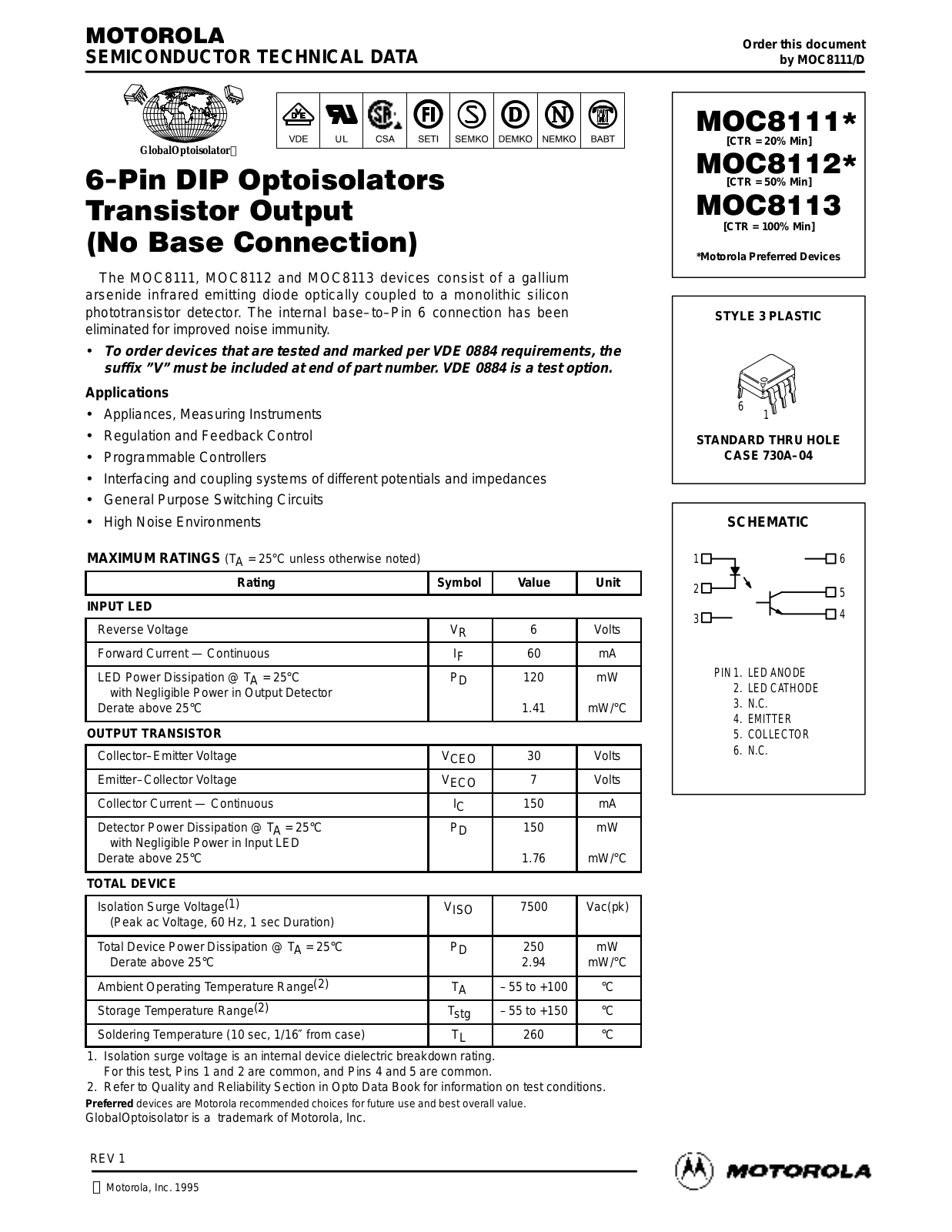 Motorola MOC8112, MOC8113, MOC8111 Datasheet