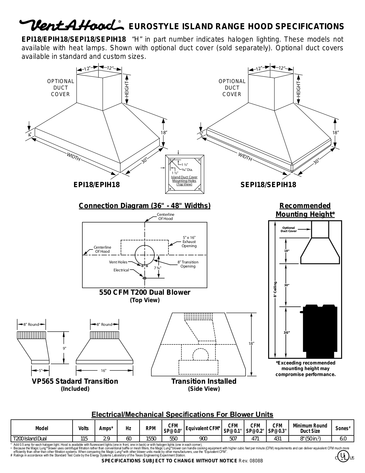 Vent-A-Hood EPI18, SEPI18 SPECIFICATIONS