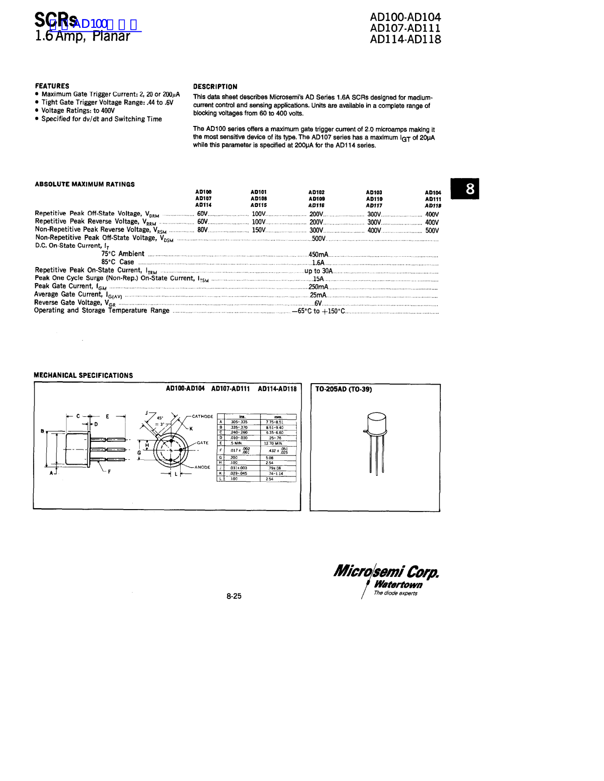 Microsemi AD100, AD104, AD107, AD111, AD114 Technical data