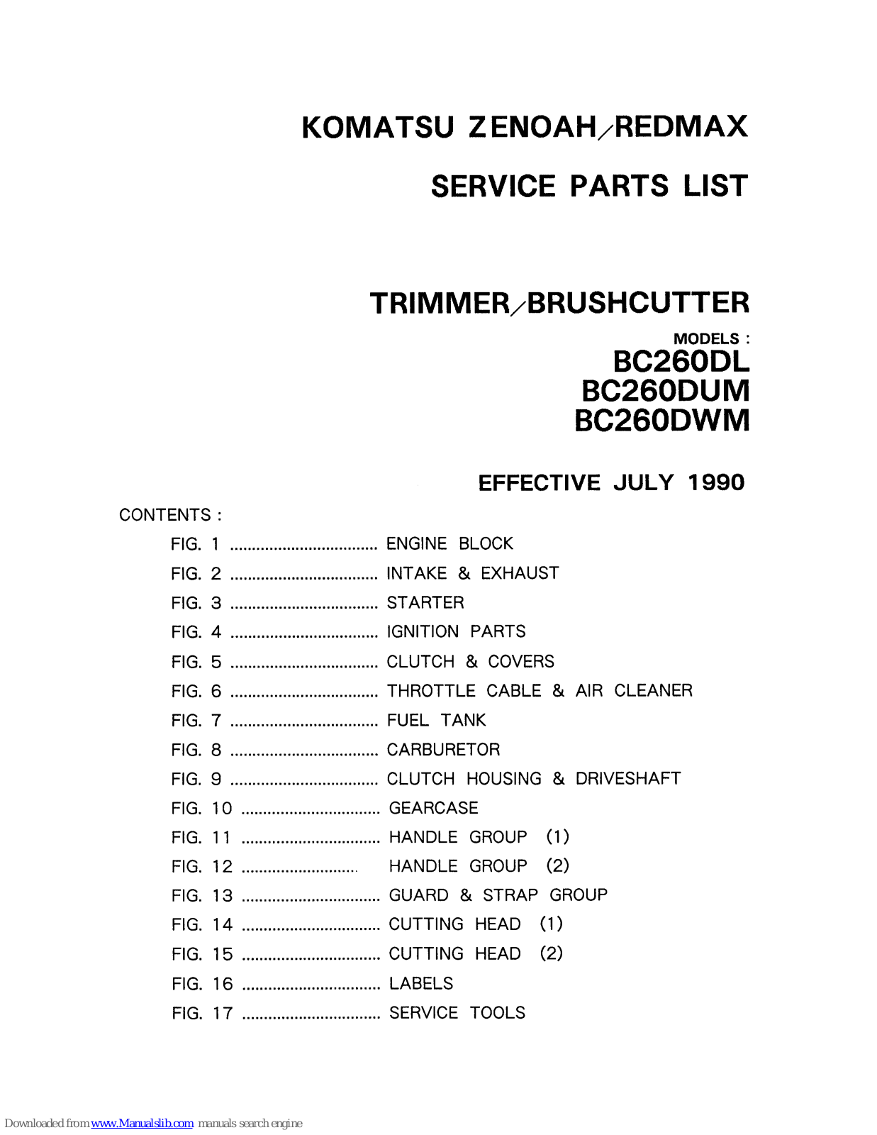 Komatsu Redmax BC260DL, Redmax BC260DUM, Redmax BC260DWM Service Parts List