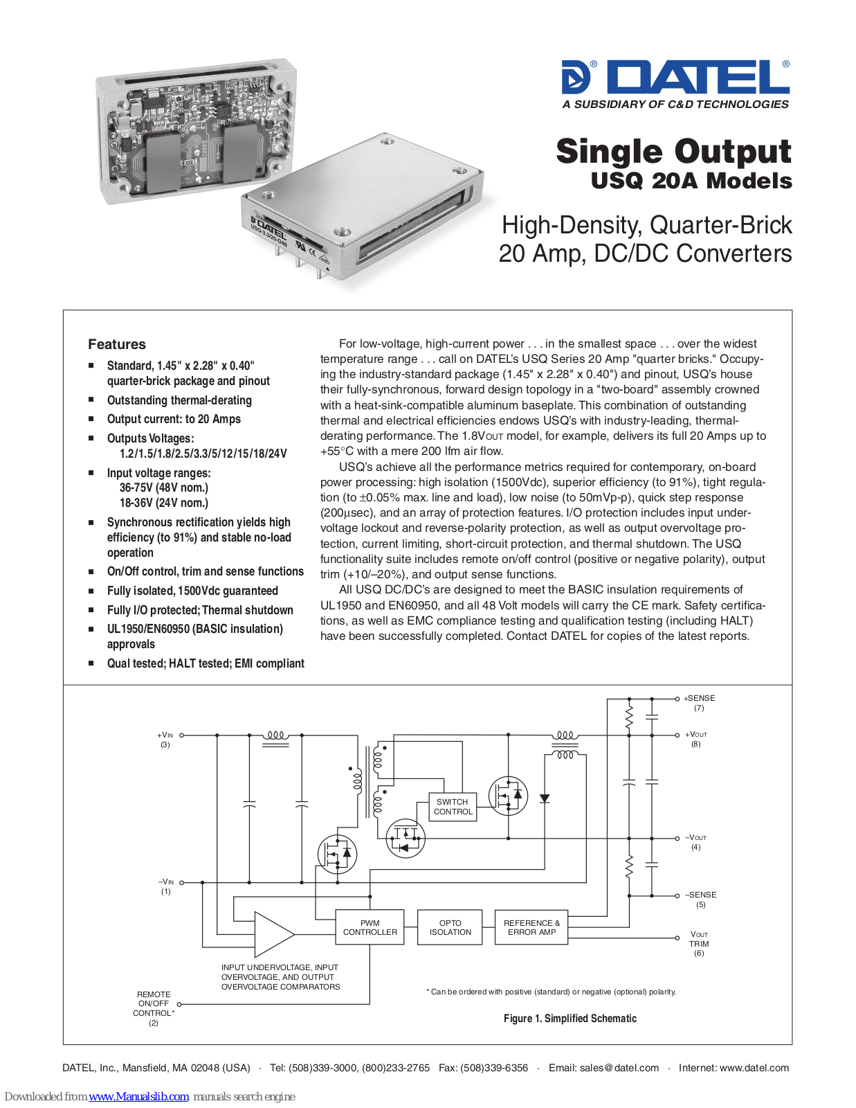 Datel USQ-1.2/20-D48, USQ-2.5/20-D48, USQ-1.5/20-D48, USQ-1.8/20-D48, USQ-3.3/20-D48 Specification Sheet