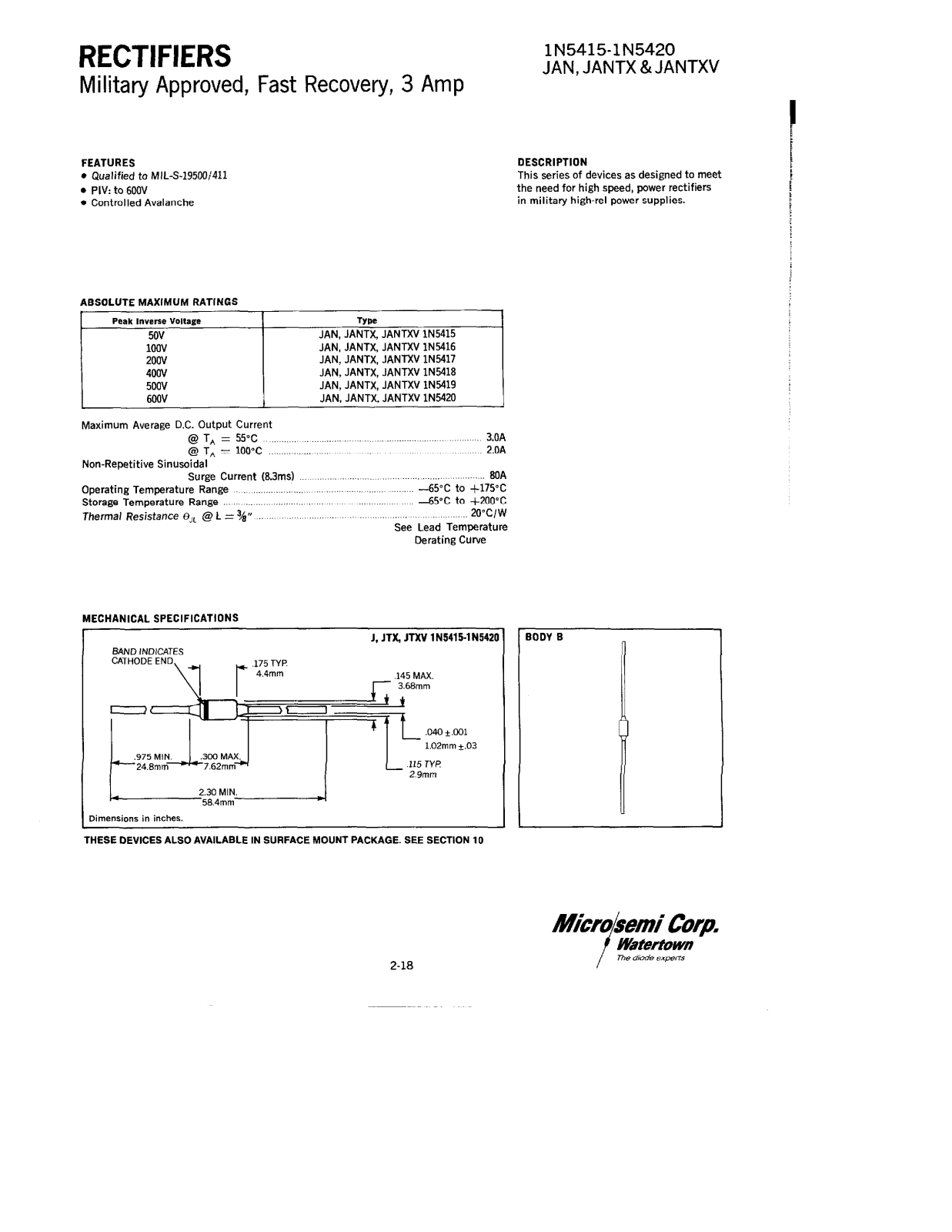 Microsemi Corporation 1N5420, 1N5419, 1N5418, 1N5417, 1N5416 Datasheet